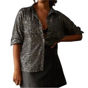 Anthropologie Remie Sequin Button Down Slate Gray Medium NWT